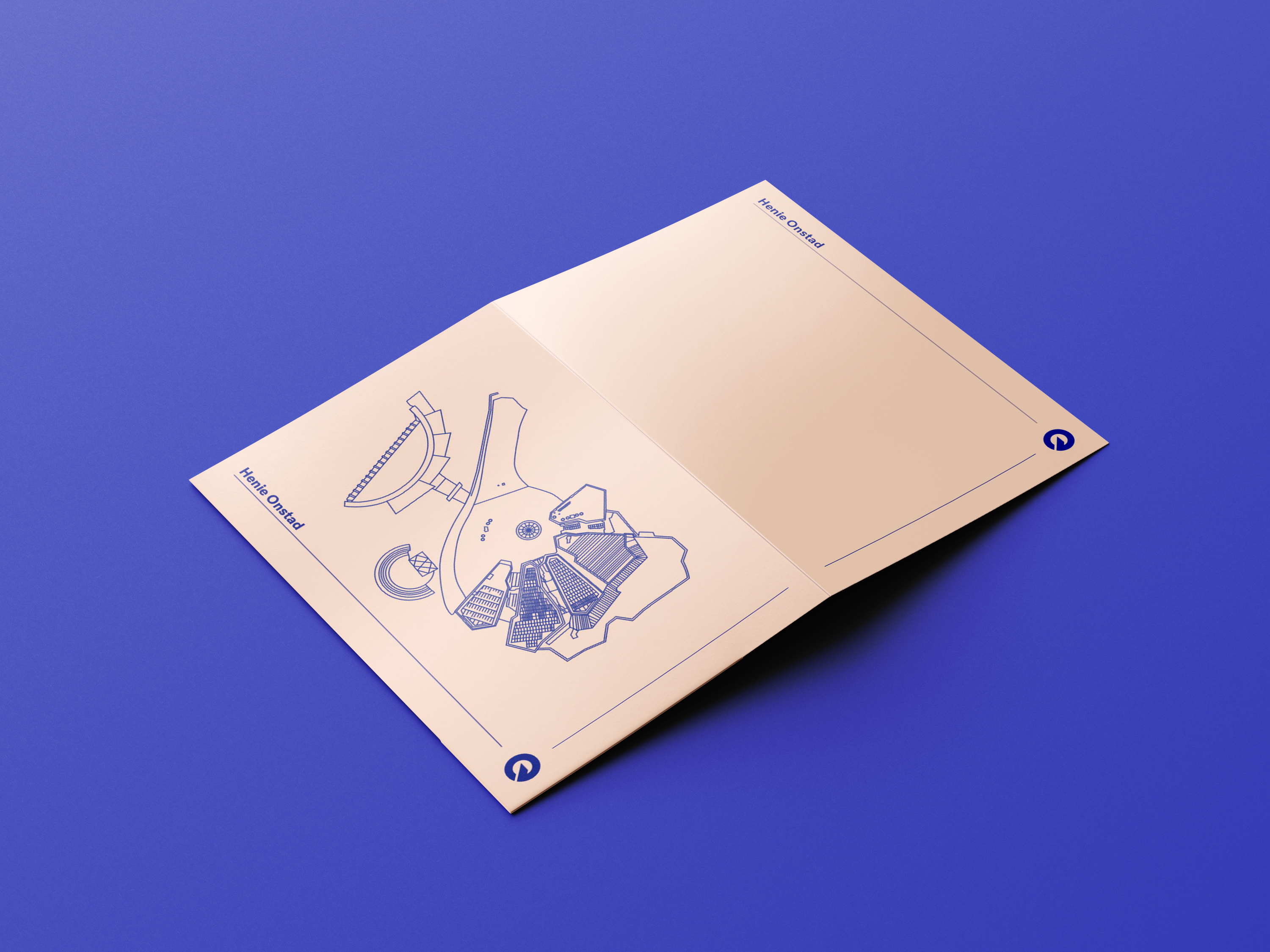 Beige paper folder with an illustration of Henie Onstad from above